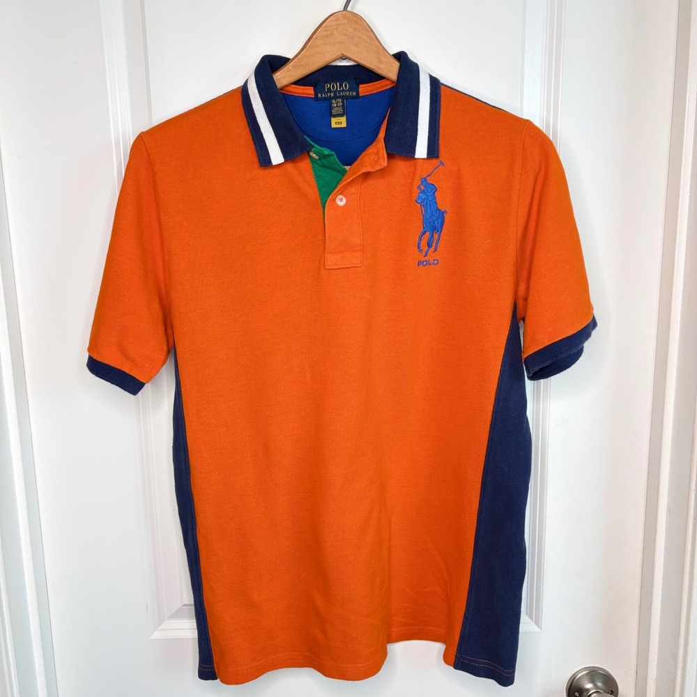 Polo Ralph Lauren Big Pony Orange Blue Colorblock Mesh Polo Shirt Boys XL 18-20